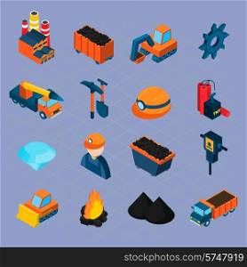 Coal industry isometric icons set with worker bulldozer mineral extraction isolated vector illustration