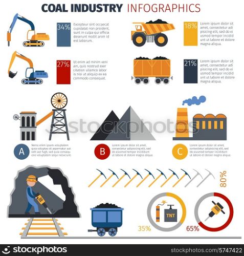 Coal industry metallurgy infographics with manufacture and transportation equipment and charts vector illustration