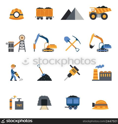 Coal industry metallurgy mine equipment and machinery icons set isolated vector illustration