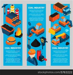 Coal industry vertical banners set with machines worker transportation isometric elements isolated vector illustration. Coal Industry Isometric Banners