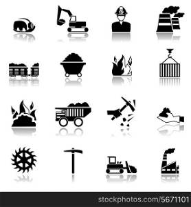 Coal machinery factory mining industry black icons set isolated vector illustration