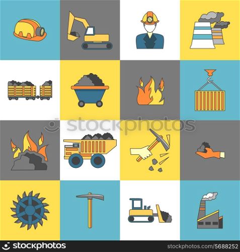 Coal machinery factory mining machinery flat line icons set isolated vector illustration