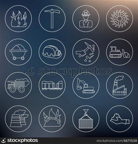 Coal machinery factory mining machinery outline icons set isolated vector illustration