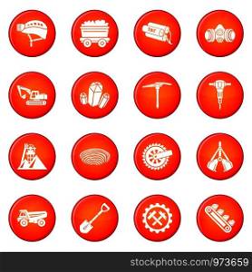 Coal mine icons set vector red circle isolated on white background . Coal mine icons set red vector