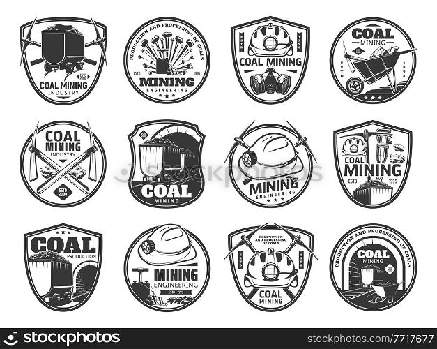 Coal mining icons. Mining industry, fossil fuel production and mining engineering vintage symbols or vector badges with miner pickaxe, hard hat helmet and gas mask, jackhammer, mine cart with coal. Coal mining industry vector monochrome icons