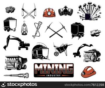 Coal mining industry isolated vector icons. Mine machinery and miner equipment tools. Metal ore, coal, excavator or digger and bulldozer, jackhammer and pickaxe, wheelbarrow and hardhat, lantern. Coal mining machinery, miner equipment tools