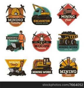 Coal mining industry isolated vector icons set Mine machinery and miner equipment tools. Metal ore, coal, excavator or digger and bulldozer, jackhammer and pickaxe, man in hardhat with wheelbarrow. Coal mining machinery, miner equipment tools icons