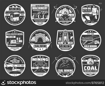 Coal mining industry isolated vector icons set. Mine machinery and miner equipment tools. Metal ore, coal, excavator or digger and bulldozer, jackhammer and pickaxe, man in hardhat with wheelbarrow. Coal mining industry isolated vector icons set
