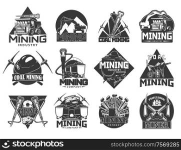 Coal mining industry, isolated vector monochrome icons. Miners equipment, coal extraction, work tools, wheelbarrow and crossed picks, carriage trolley with coal, helmet with light. Mining industry, coal extraction icons