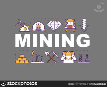 Coal mining industry word concepts banner. Miners, equipment, transport, buildings. Isolated lettering typography idea with linear icons. Vector outline illustration. Coal mining industry word concepts banner