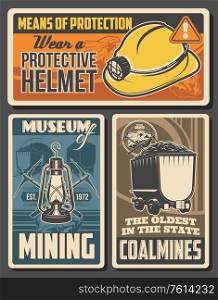 Coal mining retro posters. Miners equipment helmet with kerosine lamp, crossed pickaxes and trolley with ore. Vector vintage mining industry cards. Coal production and extraction digging tools. Coal mining retro posters. Miners equipment