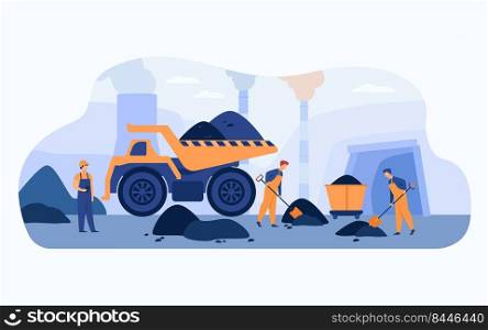 Coal pit workers in overalls digging heaps of coal with spades near carts, truck and smoking plant pipes. Vector illustration for extraction of minerals, mining, miners concept.