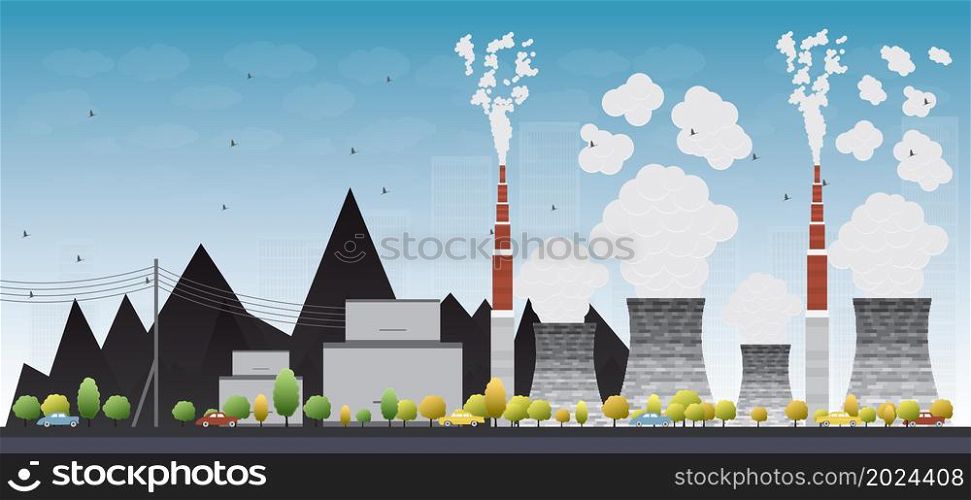 Coal power plant or factory pipes with smoke. Vector Illustration with yellow tree and blue sky