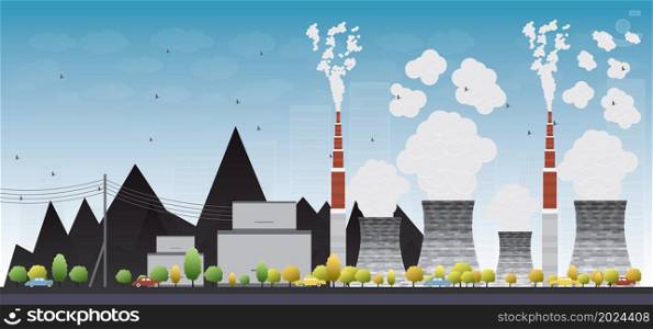 Coal power plant or factory pipes with smoke. Vector Illustration with yellow tree and blue sky