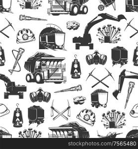Coal production, mining industry and miner equipment tools seamless pattern. Vector background of machinery excavation bulldozer, miner pickaxe, coal mine dynamite and hammer drill pattern. Coal mining, miner tools seamless pattern