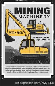 Coal production, mining industry professional equipment and machinery bulldozer vintage retro poster. Vector coal extraction factory, excavation mining and transportation. Coal mining production industry, mine machinery