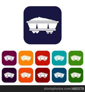 Coal trolley icons set vector illustration in flat style in colors red, blue, green, and other. Coal trolley icons set