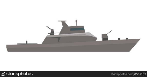 Coast Guard Cutter Flat Design Vector Illustration. Military warship vector. Coast guard cutter with small-caliber cannon on turret flat illustration isolated on white background. Navy armored boat. For military concept, infographics, icon, web design. Coast Guard Cutter Flat Design Vector Illustration