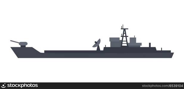 Coast Guard Cutter Flat Design Vector Illustration. Military warship vector. Coast guard cutter with small-caliber cannon on turret flat illustration isolated on white background. Navy armored boat. For military concept, infographics, icon, web design
