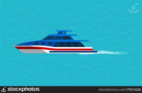 Coast guard transportation vehicle sailing in blue water vector illustration isolated. Guarding transport boat in deep ocean, rescue emergency sailboat. Coast Guard Transportation Vehicle Sails in Water