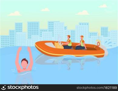 Coast guards flat color vector illustration. Helping people in water. Coast officers saving people from drowning while swimming 2D cartoon characters with big city buildings on background. Coast guards flat color vector illustration