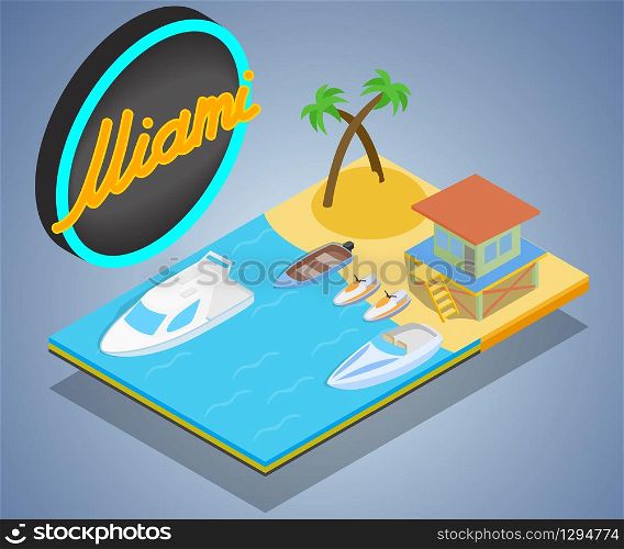 Coast miami concept banner. Isometric banner of coast miami vector concept for web, giftcard and postcard. Coast miami concept banner, isometric style