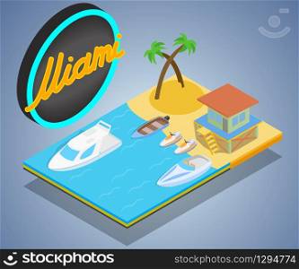 Coast miami concept banner. Isometric banner of coast miami vector concept for web, giftcard and postcard. Coast miami concept banner, isometric style