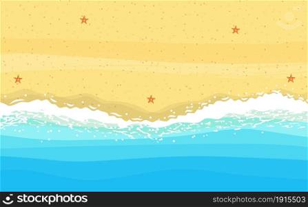 Coast of sea, ocean with sand, scattered rocks, starfish. Sea surf, top view, background for a summer greeting card or promotional offers. Vector illustration in flat style. Coast of sea, ocean with sand,