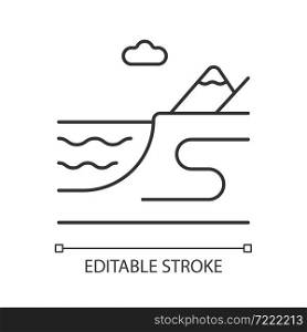 Coastal land linear icon. Sea and ocean shore. Coastline. Ground bordering with water. Thin line customizable illustration. Contour symbol. Vector isolated outline drawing. Editable stroke. Coastal land linear icon
