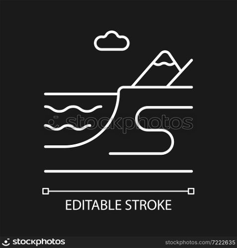 Coastal land white linear icon for dark theme. Sea and ocean shore. Coastline. Watershed landform. Thin line customizable illustration. Isolated vector contour symbol for night mode. Editable stroke. Coastal land white linear icon for dark theme