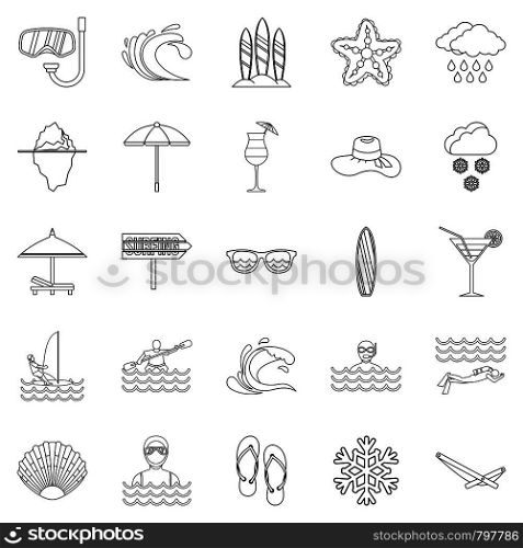Coastal place icons set. Outline set of 25 coastal place vector icons for web isolated on white background. Coastal place icons set, outline style