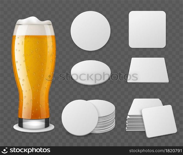Coasters with beer. Realistic glass with drink, blank paper round and square shapes, beermat different angles view, single objects and stacks. Empty cardboard drink mats mockup. Vector isolated set. Coasters with beer. Realistic glass with drink, blank paper round and square shapes, different angles view, single objects and stacks. Empty cardboard drink mats mockup. Vector isolated set