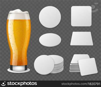 Coasters with beer. Realistic glass with drink, blank paper round and square shapes, beermat different angles view, single objects and stacks. Empty cardboard drink mats mockup. Vector isolated set. Coasters with beer. Realistic glass with drink, blank paper round and square shapes, different angles view, single objects and stacks. Empty cardboard drink mats mockup. Vector isolated set