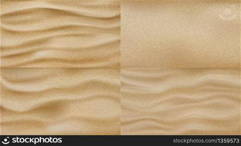 Coastline Beach Or Desert Sand Texture Set Vector. Collection Of Sand With Waves Relief, Gravel Granular Material. Sandy Seaside Vacation Relaxation Landscape Layout Realistic 3d Illustrations. Coastline Beach Or Desert Sand Texture Set Vector