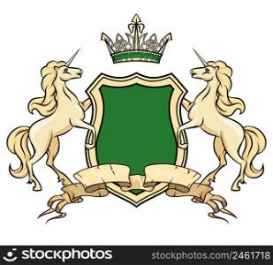 Coat of arms logo template. Unicorns with shield and crown. Heraldic royal, insignia element, ornate logo horse, vector illustration. Coat of arms logo template. Unicorns with shield and crown