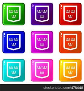 Coat of arms of Sweden icons of 9 color set isolated vector illustration. Coat of arms of Sweden set 9