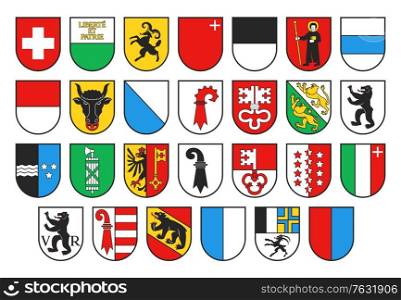 Coat of arms of Switzerland and Swiss cantons, vector heraldry. Heraldic shields with emblems of Zurich, Bern, Lucerne and Geneva, Uri, Schwyz, Obwalden and Nidwalden, Glarus, Zug and Fribourg. Coat of arms of Switzerland and Swiss cantons