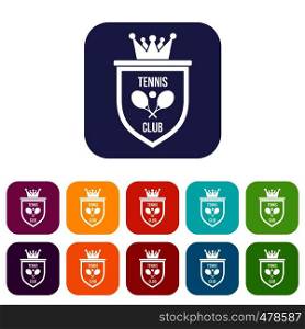 Coat of arms of tennis club icons set vector illustration in flat style in colors red, blue, green, and other. Coat of arms of tennis club icons set