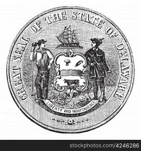 Coat of Arms or Seal of Delaware, USA, during 1847 to 1906, vintage engraving. Old engraved illustration of the Coat of Arms or Seal of Delaware.