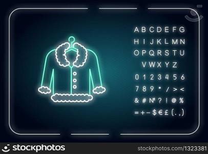 Coat on hanger neon light icon. Outerwear washing, laundry service. Fur delicate dry cleaning. Outer glowing effect. Sign with alphabet, numbers and symbols. Vector isolated RGB color illustration