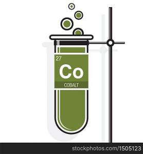 Cobalt symbol on label in a green test tube with holder. Element number 27 of the Periodic Table of the Elements - Chemistry