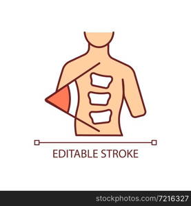 Cobb method RGB color icon. Cobb angle. Scoliosis degree measurement. Spine curve angle calculation. Backbone deformation. Isolated vector illustration. Simple filled line drawing. Editable stroke. Cobb method RGB color icon