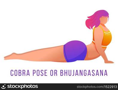 Cobra pose flat vector illustration. Bhujangasana. Caucausian woman doing yoga in orange and purple sportswear. Workout, fitness. Physical exercise. Isolated cartoon character on white background