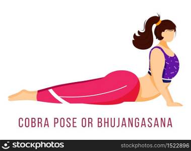 Cobra pose flat vector illustration. Bhujangasana. Caucausian woman performing yoga posture in pink and purple sportswear. Workout. Physical exercise. Isolated cartoon character on white background