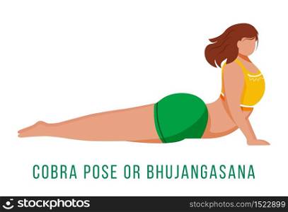 Cobra pose flat vector illustration. Bhujangasana. Caucausian woman performing yoga posture in green and yellow sportswear. Workout. Physical exercise. Isolated cartoon character on white background