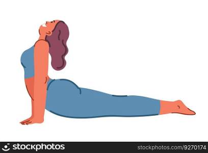 Cobra pose yoga practice and strengthening of body and muscles. Isolated women in sport suit working out, bhujangasana stretching girl. Wellness and healthcare, wellbeing. Vector in flat style. Bhujangasana or cobra pose, yoga asana fitness 