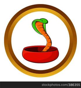 Cobra snake coming out of a bowl vector icon in golden circle, cartoon style isolated on white background. Cobra snake coming out of a bowl vector icon