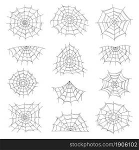 Cobweb and spider web Halloween isolated net. Vector spiderwebs of round, corner and half shape. Spooky, scary design elements for greeting cards or party decoration, insects trap monochrome decor set. Cobweb and spider web Halloween isolated net.