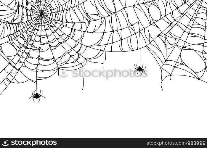 Cobweb background. Scary spider web with spooky spider, creepy arthropod halloween decor, net texture tattoo design vector isolated pattern template. Cobweb background. Scary spider web with spooky spider, creepy arthropod halloween decor, net texture tattoo design vector template