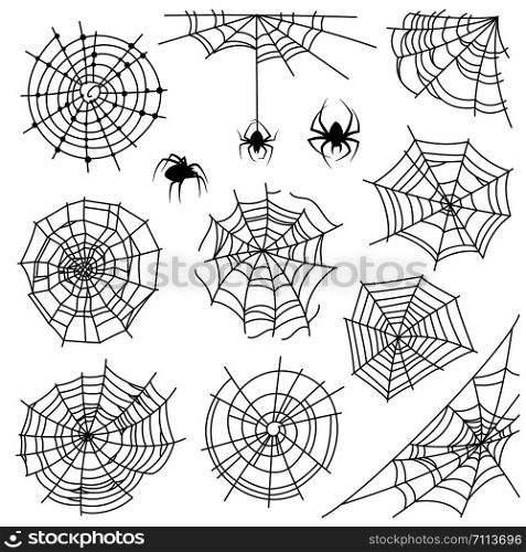 Cobweb. Halloween monochrome spiderweb and dangerous spider. Web silhouettes for creepy horror tattoo and decoration, vector net corner spooky frames set. Cobweb. Halloween monochrome spiderweb and dangerous spider. Web silhouettes for creepy horror tattoo and decoration, vector set